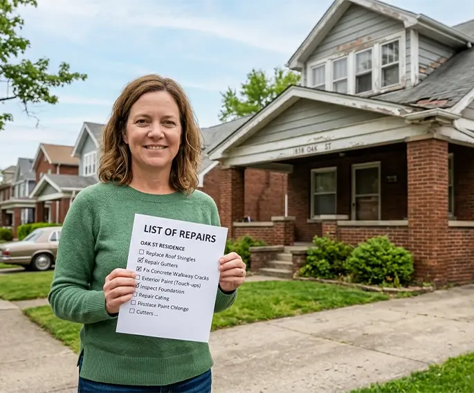 A homeowner holding a list of repairs in front of a house needing work in Cincinnati Ohio.
