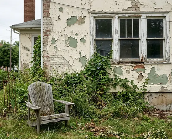 The exterior of a neglected house with peeling paint and overgrown weeds, representing properties with code violations or safety issues in Cincinnati.