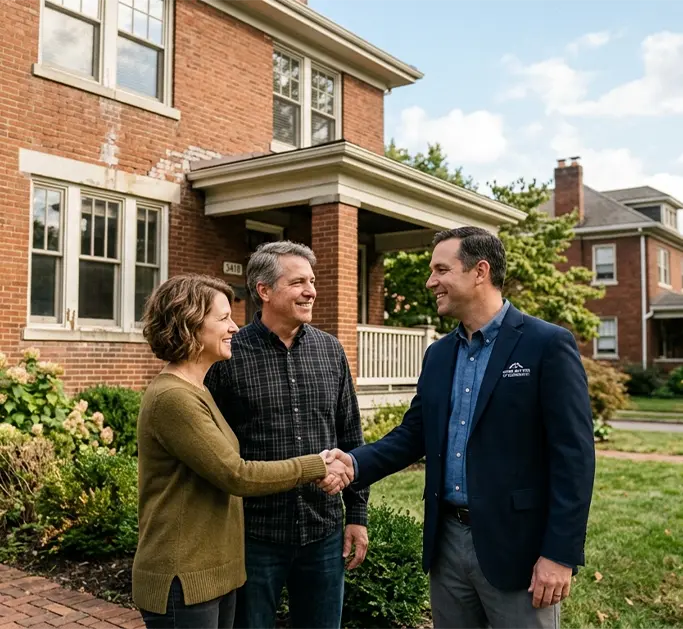 Family shaking hands with a local home buyer outside an inherited house in Cincinnati Ohio.