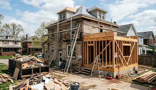 A distressed residential property undergoing a costly and messy renovation project, illustrating the stress of fixing a house before selling.