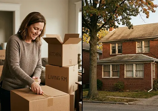 we-buy-houses-cincinnati-as-is A suburban house in Cincinnati needing repairs alongside cardboard moving boxes.