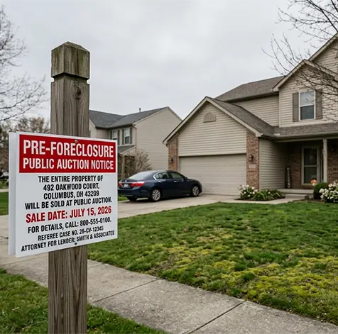 A suburban Ohio home facing a potential sheriff sale auction due to bank foreclosure proceedings