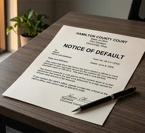 A foreclosure default notice document on a table with a subtle view of Cincinnati Ohio in the background