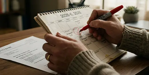 A homeowner reviewing an official letter and marking a timeline on a calendar to avoid foreclosure