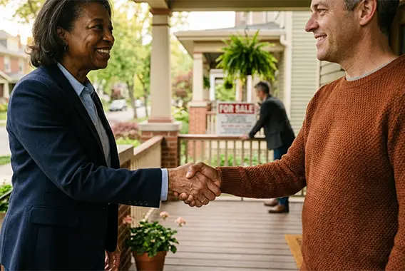 A local cash home buyer shaking hands with a relieved property owner in Hamilton County Ohio