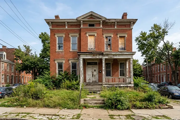 Exterior of a distressed brick house in a Cincinnati Ohio neighborhood showing signs of deferred maintenance
